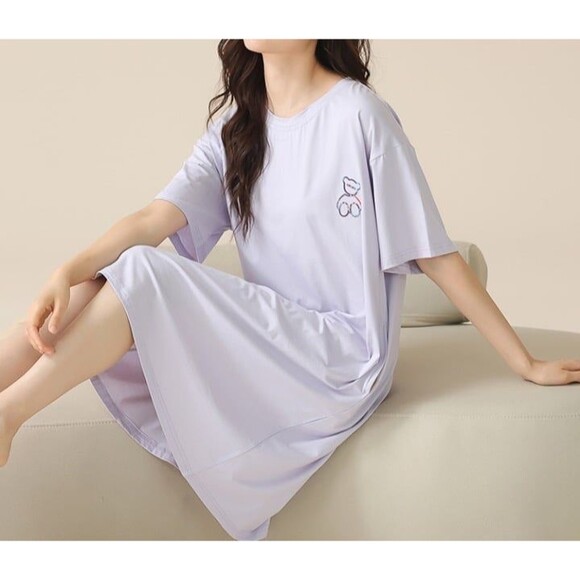 Cotton Purple Pajamas Nightgown Sleepwear Sleep Shirt  Night Dress Nightshirt - Picture 9 of 11